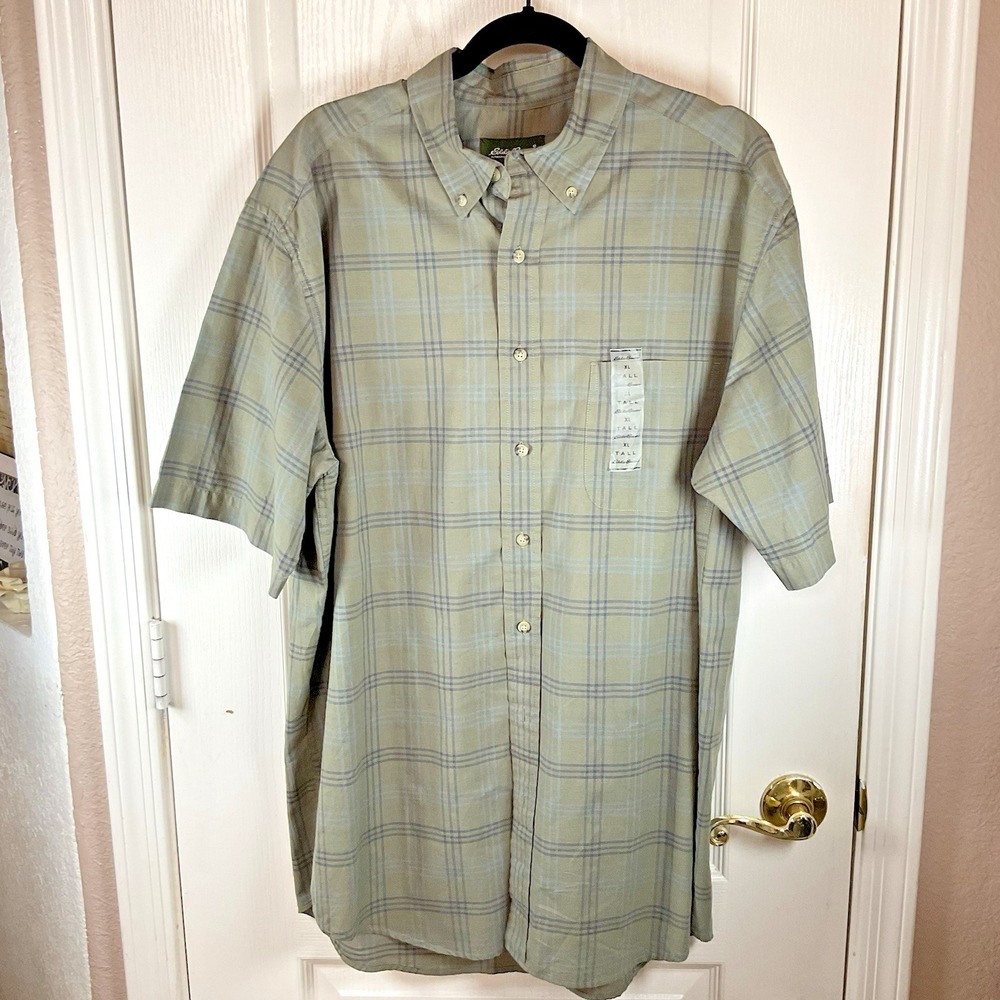Eddie Bauer Button Up Shirt Mens XLTall Green Plaid Short Sleeve Casual Outdoors